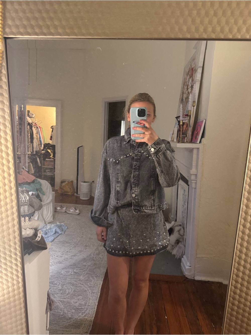 Studded Washed-Grey Denim Jacket and Mini Skirt Set